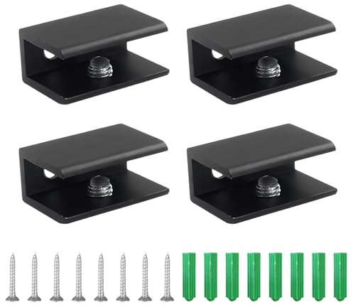 TIANLIN 4 Pièces Pince Verre Réglables, Pince à Verre en Alliage d'Aluminium Noir, avec Trous Pré-percés, pour 5-8 mm d'Épaisseur | Supports de verre en aluminium noir pour plaques de verre de 5 à 8 mm. Pour étagères dans le salon, la salle de bain