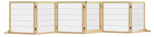 PawHut Barriera di sicurezza per cani pieghevole in legno per scale e porte, recinto per cani di piccola e media taglia a 6 pannelli, con supporto per i piedi, per interni, 432x36x70 cm, naturale