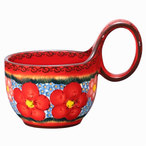 silesia Handmade Ceramic Soup Bowl with Loop Handle, Hand-Painted Floral Cereal Bowl, Artisanal Soup Mug for Chili, Stew & Oatmeal, Dishwasher & Microwave Safe (Glazed Red)