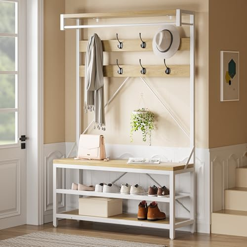 Garvee Perchero Entrada Recibidor, Estilo Industrial Con Zapatero Y Banco, 8 Ganchos & Barra Colgante, Gran Capacidad, 112x40x183 Cm, Color Madera