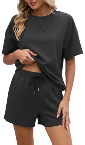 Famulily Womens Tracksuit 2 Piece Outfits Summer Solid Tops and Shorts Loose Lounge Full Set Split Hem Co ord with Drawstring Pockets