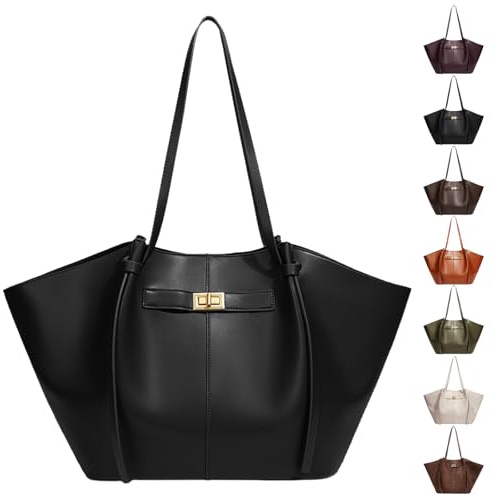 AUNGKWANG Leder Tote Bag Damen, Shopper Tasche Damen Groß, Large Shoulder Handbag mit Abnehmbarer Schlaufe, Vintage Tasche für Arbeit Einkauf Reisen Büro