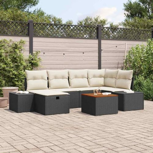 RCODSSK 7-teiliges Rattansofa-Set mit Tisch, modernes Outdoor-Sofa-Set aus Poly-Rattan als schwarzes Gartensofa-Set 7-teilig inklusive Kissen