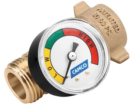 Camco Brass Water Pressure Regulator with Gauge- Helps Protect RV Plumbing and Hoses from High-Pressure City Water - Easy Read Gauge (40064)