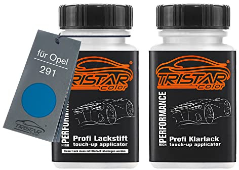 TRISTARcolor Autolack Lackstift für Opel 291 Ardenblau Metallic + Klarlack | Arden Blue Metallic, Set aus Basislack + Klarlack, Lackfläschchen mit Pinsel, je 50ml