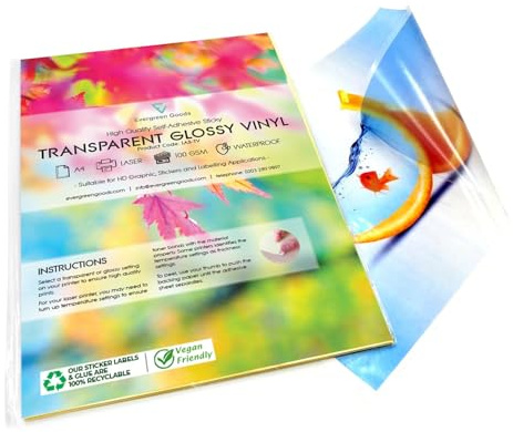 EVG 20 Blatt A4 glänzend weiße transparente selbstklebendes Vinyletiketten | Wasserfestes papier für Laserdrucker | Stickerpapier für die Erstellung eigener Produktaufkleber, Etiketten, Schilder