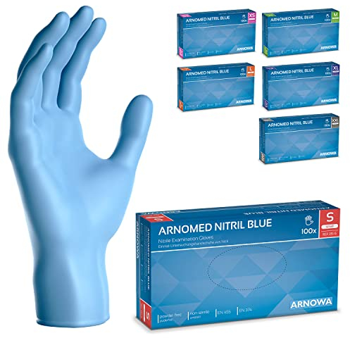 100x ARNOMED® Guantes nitrilo talla S Azul, Guantes desechables quirurgicos y laboratorio, Luvas nitrilo descartaveis sin polvo y látex, Manoplas nitrilo en XS, S, M, L, XL, XXL