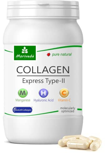 MoriVeda® Collagen Express Kapseln mit Biocell Collagen-II, Hyaluronsäure, Chondroitinsulfat, Vitamin-C & Mangan I für Haut, Haare & Gelenke I Monatspackung 1x60 Kapseln