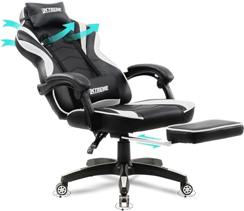 Olsen & Smith XTREME New and Improved 2024 Model Gaming Chair Ergonomic Office Desk PC Computer Recliner Swivel Chair Detachable Padded Head Rest Lumbar Support Cushion & Footrest (Black/White)