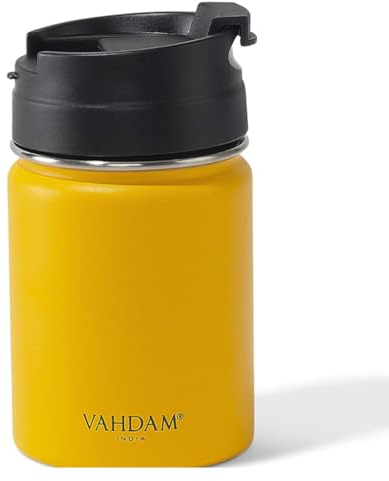 VAHDAM,Botella térmica de acero inoxidable (260ml) | Vasos Térmicos Amarillos | Termo para Bebidas Calientes/Frías | Botella ECOLÓGICA Y REUTILIZABLE | taza térmica