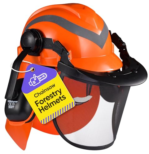 SAFEYEAR Casco di sicurezza professionale per motosega forestale, dotato di paraorecchie regolabili 27SNR e maschera in rete. Casco forestale M-5009OR EN397 omologato riflettente, ventilato, leggero.