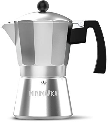 Minimoka 12 - Cafetera italiana, 12 tazas, base y filtro de acero inoxidable, mango ergonómico, válvula de seguridad, cierre de silicona para mayor seguridad, apta para: vitro,eléctrica y gas