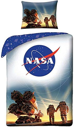 Halantex - Biancheria da letto, completo lenzuola per bambini, 2 pezzi Set a tema NASA astronauti del cosmo, 140 x 200 cm + federa 100% cotone, Öko-Tex (blu 4066).