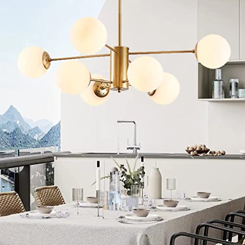 ENXING Pendelleuchte E27 Moderne Pendellampe Kreative Dekoration Wohnzimmer Kronleuchter Eisen Hängelampe Glaskugel Deckenleuchte Weißer Schatten Hängeleuchte Küche Esszimmer Bar,Gold,8 heads