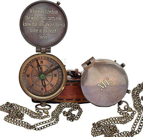 WOANIN Handkompass mit Sonnenuhr, mit Lederetui, Messing, Antik-Finish, handgefertigter Kompass, gravierter Taschenkompass, schönes Geschenk für Vater, Geburtstag