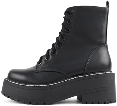 Soda FLING Women Chunky Lug Sole Lace up Fashion Combat Ankle Boot w/Side Zipper (Black Pu, 8)