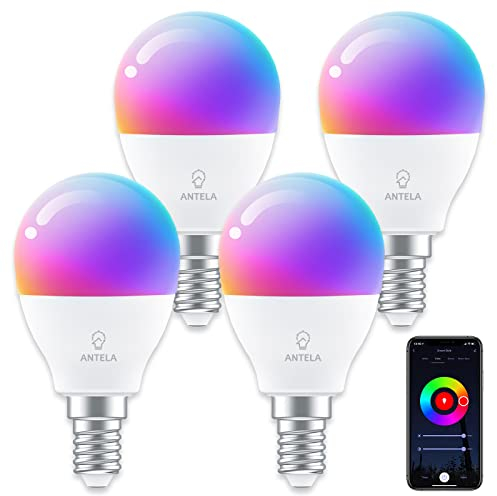 ANTELA Lampadina Alexa E14 4.5W, Smart Bulb LED G45 WiFi Lampadine RGB Bianco freddo Luce bianca calda, Controllo APP, Controllo vocale, Compatibile con Alexa, Google Home, 4Pezzi