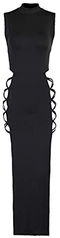 Siyova Abito Lunga da Donna Estiva Abito Sexy Donna Senza Maniche a Fessura Cava in Tinta Unita Vestito Donna Cocktail Abito Club Ragazza (Nero, S)