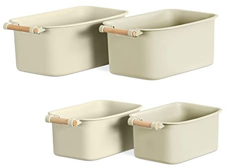 Navaris 4x Aufbewahrungsbox Aufbewahrungskiste mit Holzgriff - Box Organizer zur Aufbewahrung aus Kunststoff - Kiste Behälter für Badezimmer Küche