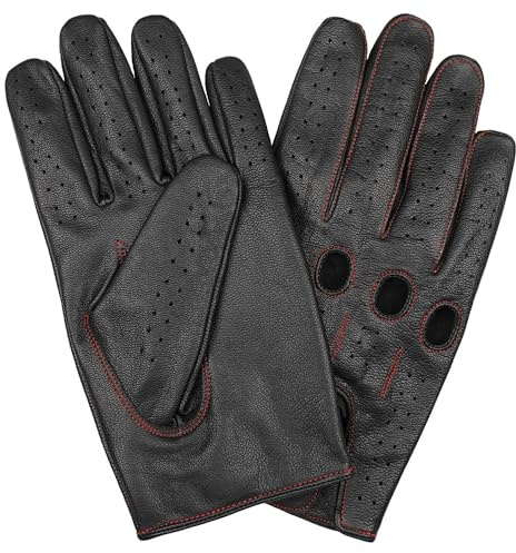 Leatherick bilförare handskar herr – mjuka, perforerade körhandskar med ventilerande fingerknoppar hål, perfekt för utomhus och resor, Svart (röd tråd), S