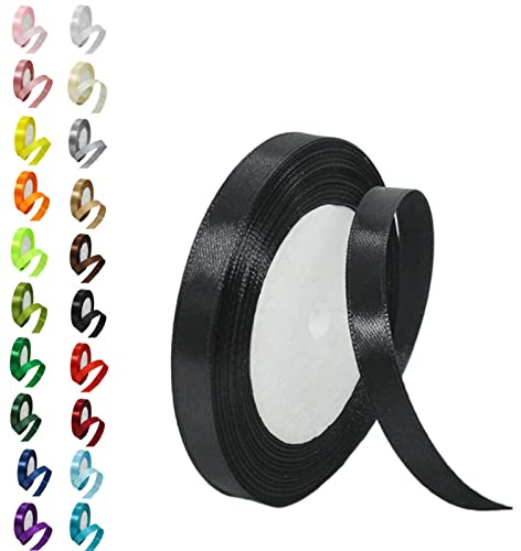 10mm Black Ribbon for Gift Crafting,22M Black Polyester Double Sided Satin Ribbon for Gift Wrapping Balloon Ribbons,Fabric Thick Ribbons for Xmas Valentine Bouquets Hair Bows Cake Wedding Decor