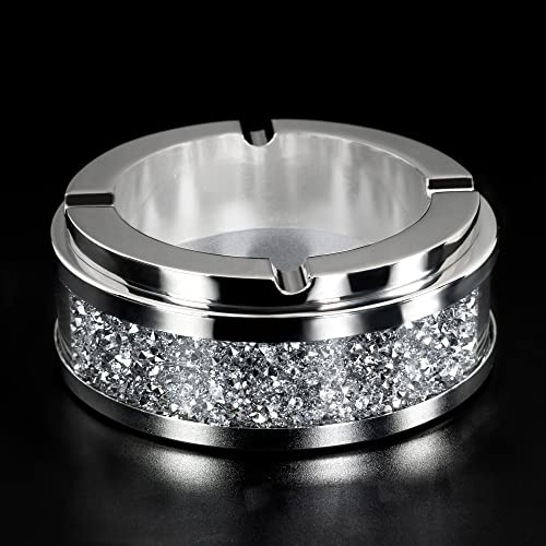 Ashtray, Cool Ashtrays for Cigarettes Outdoor, Cute Glass Ash Tray for Office Tabletop, Crushed Diamond Home Decor, Bling Crystal Decorative Ashtray for Smokers Indoor Use, 4L x 4W x 1.57H, Silver