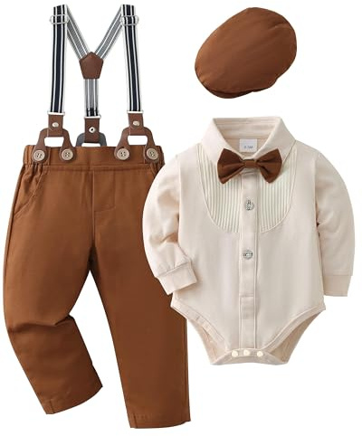 ZOEREA 4tlg Baby Jungen Kleidung Set 0-18M Taufbekleidung Strampler mit Fliege + Hosenträge Baby Bekleidungssets Gentleman Anzug für Festliche Hochzeit