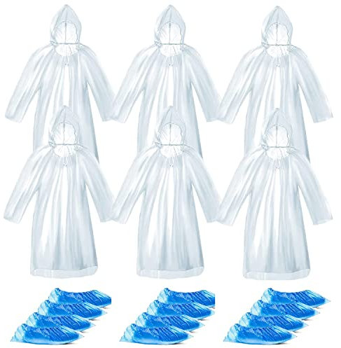 ePicsoa 6 Pack Disposable Rain Ponchos with 6 Pairs Shoe Covers, Portable Ponchos Waterproof Emergency Plastic Raincoat for for Adult, Clear