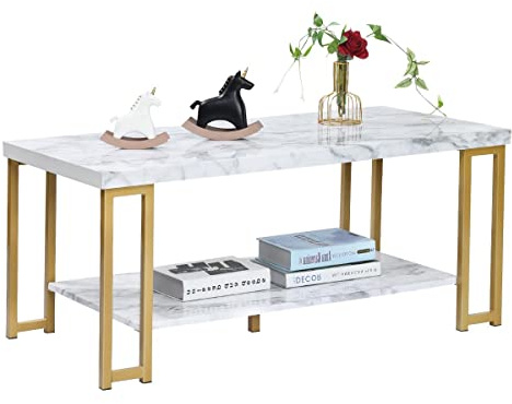 GIANTEX Tavolino da Caffè a 2 Livelli, Tavolo Portaoggetti Solido, Stile Moderno, Adatto per Soggiorno, Ufficio, Camera da Letto,100x50x45 cm, Bianco+Oro