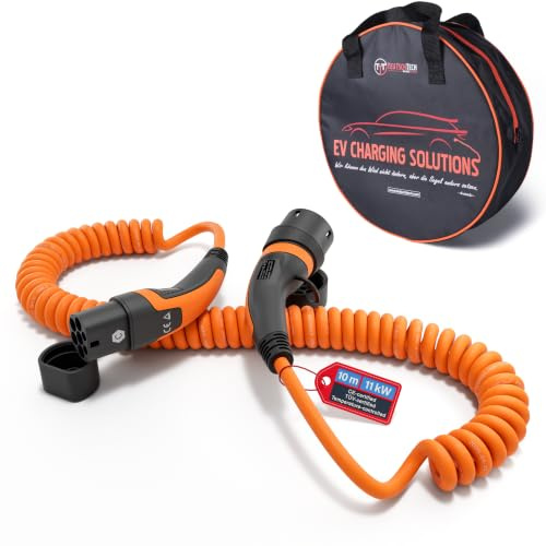 TEUTSCHTECH, Typ 2 Ladekabel Spiral I Orange I 10M I TYP2 auf TYP2 I 11kW I 3X16A I 3-phasig I Nutzbare Länge ca. 5,5M I Mit Lade- Temperaturüberwachung und Schutz vor Brand