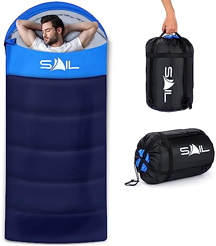 SAIL 4 Season Sleeping Bag for Big & Tall Adults - Extra Wide, 400GSM Lightweight & Heavy Duty Waterproof Polyester - Large XL Sleeping Bag for Camping, Indoor & Outdoor, Hiking & Backpacking - Blue