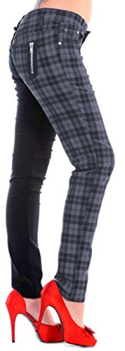 Banned Pantalon Slim à Carreaux Moitié Tartan Pantalon Split Femme Punk Emo Mode Alternative, Gris, 2XL