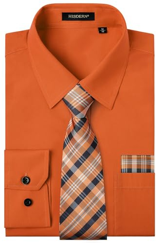 HISDERN Camisa Hombre Naranja Manga Larga Formal Camisas y Corbata Elegante Camisa de Vestir de Negocios Boda con Bolsillo Regular Fit L