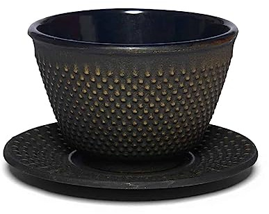 Teeladen Herzberg Maoci Gusseisen Teecup/Teeschale/Teetasse Arare schwarz-gold mit Unterteller