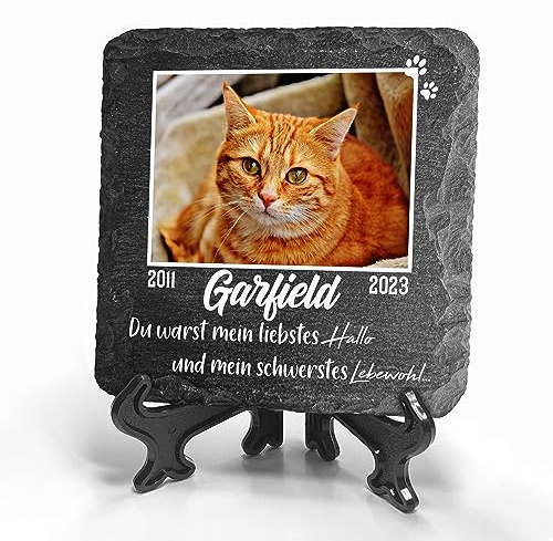 TULLUN Personalisierte dunkelgraue Gedenktafel mit Ständer für Haustier Katze Hund Schiefer Stein Grab Marker - Größe 10 x 10 cm - Großes Foto