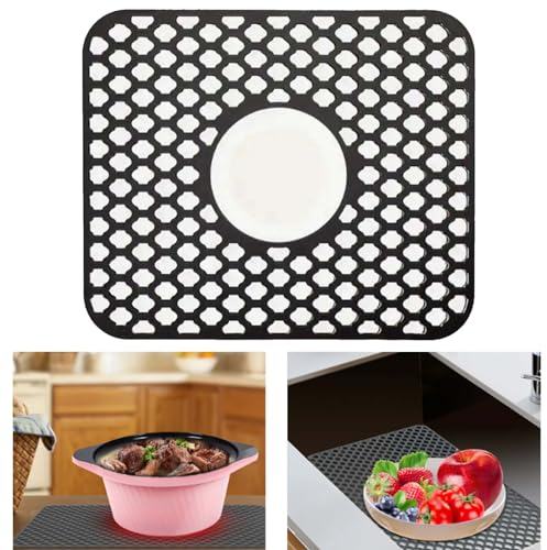 Silicone Sink Protectors for Kitchen Sink,Kitchen Sink Mat Grid Heat Resistant Sink Mats for Bottom of Farmhouse Stainless Steel Porcelain Sink with Center Drain - Black