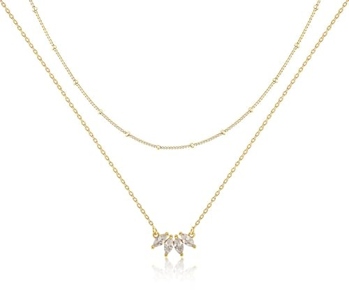 LIHELEI Halsketten für Frauen, Zierliche Blatt Schicht Halskette S925 Plattierte Geschichtete CZ Halskette, Einfache Diamant-Halsketten für Frauen Schmuck Geschenke für Mädchen - Gold