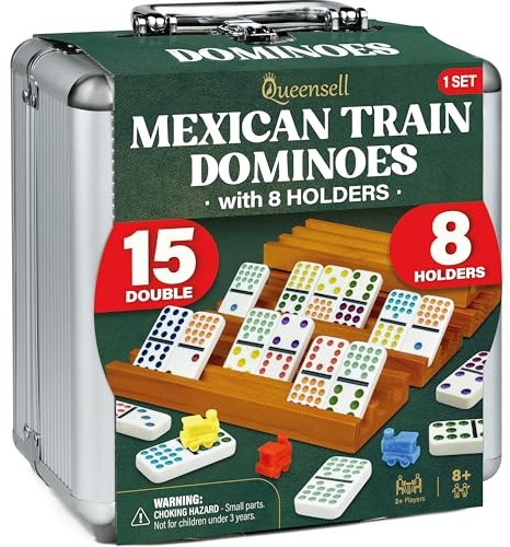Queensell Mexikanisches Zug-Domino-Set Doppel 15 mit 8 Haltern - Nabe und Steinhalter aus Holz - Doppel 15 mit Punkten (D15 + 8 Halter)