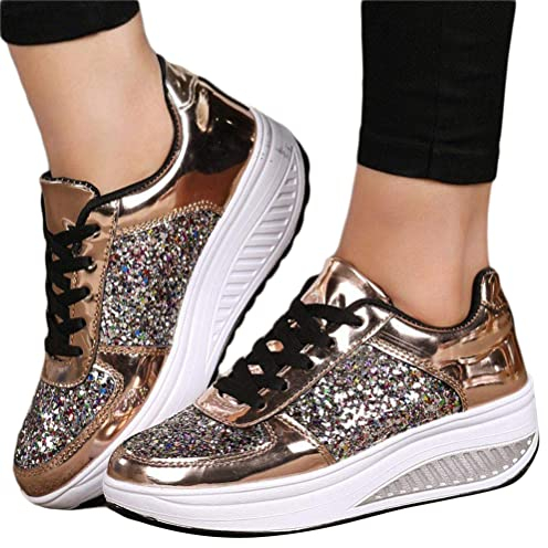 Minetom Damen Pailletten Sneakers Keilabsatz Glitzer Turnschuhe Outdoor Sportschuhe Glänzende Dicker Laufschuhe Schuhe Schnürsenkel Walkingschuhe A Gold 38 EU