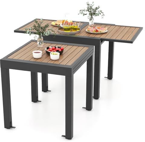 KOMFOTTEU Gartentisch ausziehbar für 4-6 Personen, Esstisch verstellbar von 80-160 cm, Terrassentisch wetterfest mit Aluminiumrahmen, Ausziehtisch Bistrotisch für Hof, Garten, Pool (Holzmaserung+Grau)