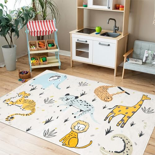 USTIDE Abstrakter Tierteppich, Wald-Elefant, Kinderteppich, 90 x 150 cm, weich, rutschfest, waschbar, für Kinderzimmer, Spielzimmer, Wohnzimmer, Dekoration