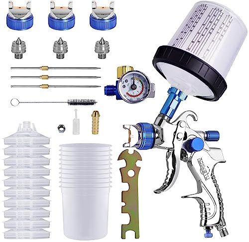 HVLP Paint Sprayer with 10pcs 600ML Mixing Quick Cup,Spray Paint Gun Set Contain 3 Nozzles 1.4/1.7/2mm &Pressure Gauge,Sprayer Gun for Car Painting,Furniture Surface Spraying (Blue Set)