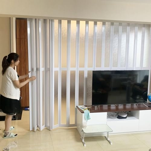 Wood Grain PVC Accordion Door No Drilling, Room Divider Folding Door for Living Room Bedroom Bathroom, Interior Doorway Concertina Door with Frosted Acrylic(70x80in (178x203cm))