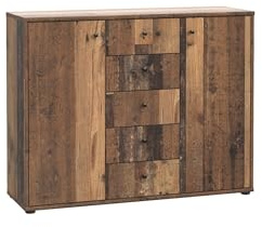 möbelando Sideboard >TEMPRA2< in Old-Wood Vintage Dekor bietet mit 5 Schubladen 6 Ablageflächen und 2 Türen praktischen Stauraum. Maße: 108,8 x 85,5 x 34,8 cm, gefertigt aus robusten Spanplatten.