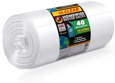 Homewise 70 l 40 große, transparente Recycling-Müllbeutel und Müllsäcke, 120 Gauge, robuste Müllbeutel, große Abfallsäcke aus 100 % recyceltem Material