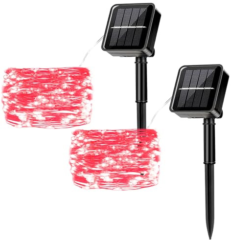 MUXIJIA 2 Stück Solar-Lichterketten für den Außenbereich, 12M / 40Ft 100 LEDS-wasserdichte Lichterketten 8-Modus-Solar-Lichterketten zum Dekorieren von Garten, Terrasse, Hof, Party (Rot)