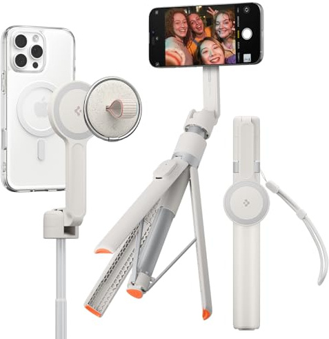 Spigen 66 MagSafe Auto-Opening Selfie Stick Tripod Dual Magnetic Mount, Bluetooth Remote, Extendable & Foldable Included Metal Ring & Wrist Strap Compatible With iPhone, Galaxy etc - Dune Beige