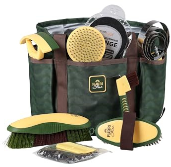 Furrishine Horse Grooming Kit, 9 Piece Grooming Brush Set with Silicone Curry Comb for Bathing & Shedding Pasture Glow