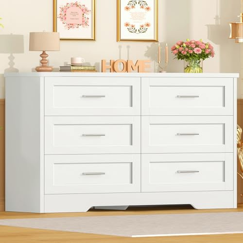 TEENFON Kommode mit 6 Schubladen, Weißer Komodenschrank für Schlafzimmer - Multifunktionales Sideboard für Wohnzimmer, Esszimmer, Flur, 107 x 35 x 75.5 cm