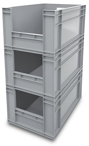 AUTORCE 3x 66LT Heavy Duty Plastic Storage Boxes – Open Front Large Industrial Euro Containers 600x400x320mm – Stackable Crates for Warehouse, Garage, Tools, Home & Commercial Use (Grey)